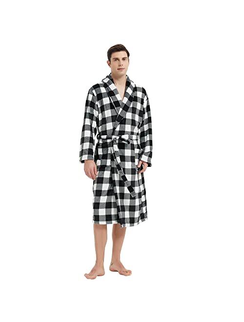 VULCANODON Mens Robe Plush, Shawl Collar Fleece Bathrobe Plaid Robe For Men