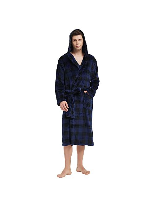 VULCANODON Mens Robe Plush, Shawl Collar Fleece Bathrobe Plaid Robe For Men