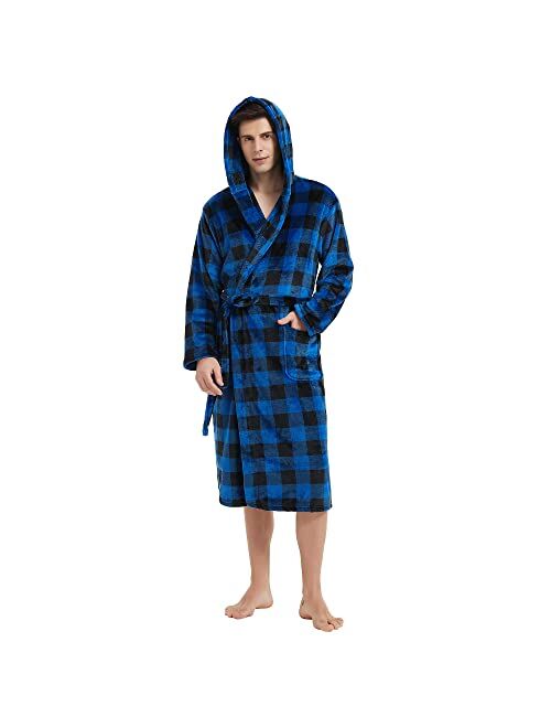 VULCANODON Mens Robe Plush, Shawl Collar Fleece Bathrobe Plaid Robe For Men