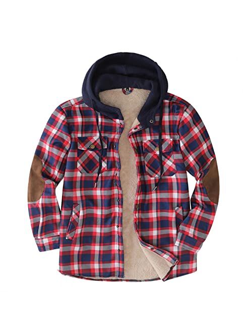 Wocoo Men's Hooded Sherpa Quilted Lined Flannel Shirt Jackets Long Sleeve Plaid Print Button Down Coats Fuzzy Fleece Outwear