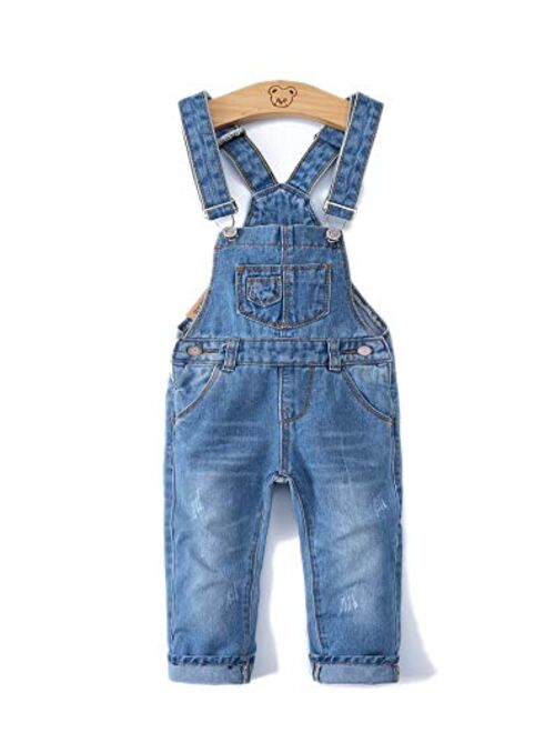 KIDSCOOL SPACE Little Girl Boy Jean Overalls,Toddler Ripped Denim Cute Slim Pants