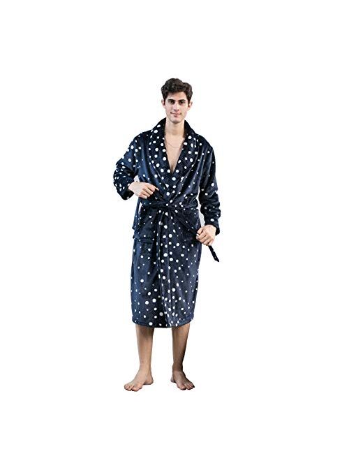 Mhslker Men's Luxurious Warm Flannel Fleece Bathrobe Soft Lapel Shawl Collar Full Length 2 Pockets Spa Robe