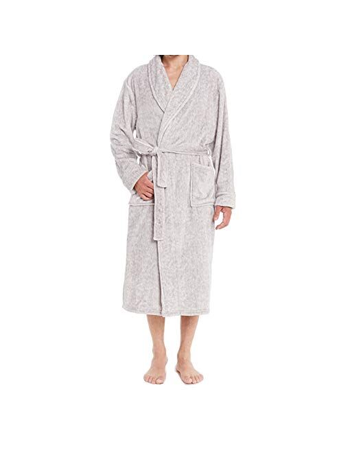 Mhslker Men's Luxurious Warm Flannel Fleece Bathrobe Soft Lapel Shawl Collar Full Length 2 Pockets Spa Robe