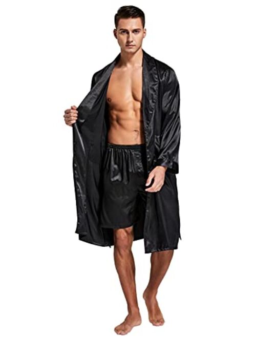 Tony And Candice Tony & Candice Men’s Satin Robe Lightweight Long Sleeve Silk Kimono Bathrobe with Shorts Set Sleepwear