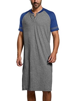 Ryannology Mens Cotton Nightshirts Raglan Short Sleeve Henley Neck Comfy Nightgown Long Sleepwear Nightwear