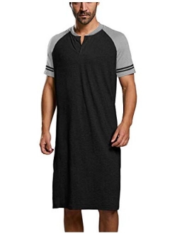 Ryannology Mens Cotton Nightshirts Raglan Short Sleeve Henley Neck Comfy Nightgown Long Sleepwear Nightwear