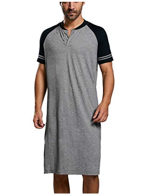 Ryannology Mens Cotton Nightshirts Raglan Short Sleeve Henley Neck Comfy Nightgown Long Sleepwear Nightwear