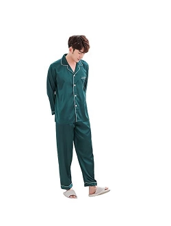 ZUEVI Men's Stain Pajamas set Classic Silk like Sleepwear Set Button-Down Loungwear Pj Sets