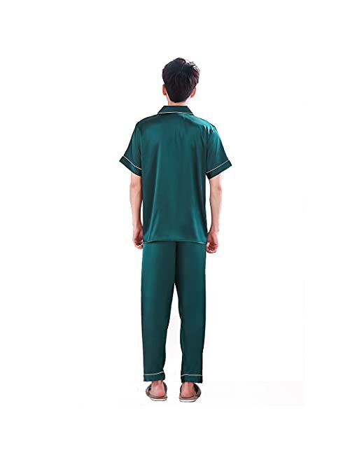 ZUEVI Men's Stain Pajamas set Classic Silk like Sleepwear Set Button-Down Loungwear Pj Sets