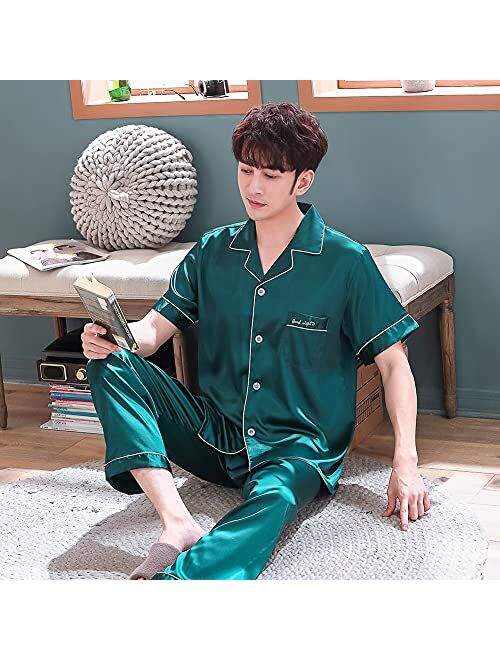 ZUEVI Men's Stain Pajamas set Classic Silk like Sleepwear Set Button-Down Loungwear Pj Sets