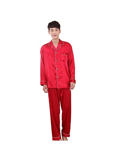 ZUEVI Men's Stain Pajamas set Classic Silk like Sleepwear Set Button-Down Loungwear Pj Sets