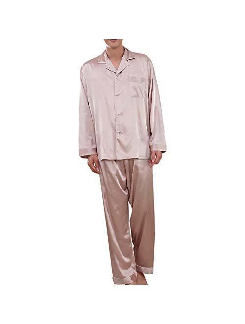 ZUEVI Men's Stain Pajamas set Classic Silk like Sleepwear Set Button-Down Loungwear Pj Sets