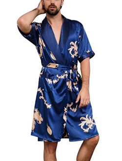 Aieoe Men's Satin Robe with Shorts Silk Bath Robe Luxurious Kimono Nightgown Pajamas Bathrobes