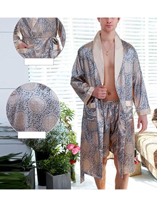 Aieoe Men's Satin Robe with Shorts Silk Bath Robe Luxurious Kimono Nightgown Pajamas Bathrobes