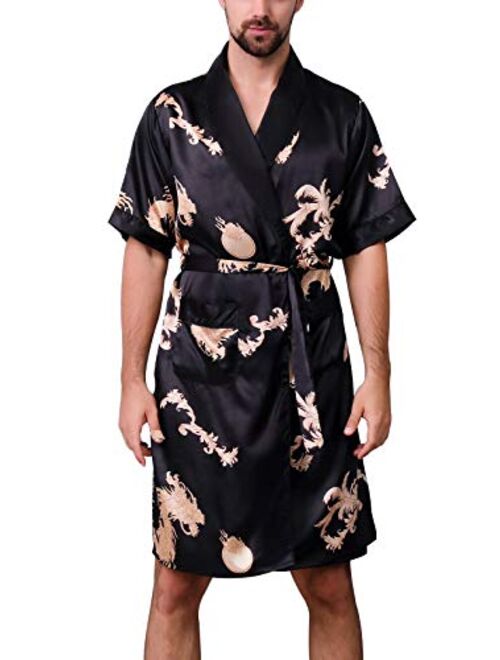 Aieoe Men's Satin Robe with Shorts Silk Bath Robe Luxurious Kimono Nightgown Pajamas Bathrobes