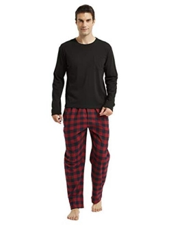 Amaxer Men's 100% Cotton Pajama Set Flannel Plaid Pants Crew Neck Top Long Sleeves Pjs Elastic High Waist Sleepwear