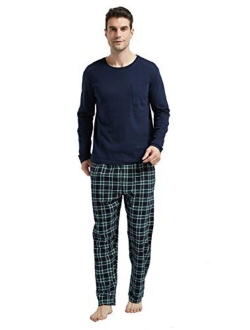 Amaxer Men's 100% Cotton Pajama Set Flannel Plaid Pants Crew Neck Top Long Sleeves Pjs Elastic High Waist Sleepwear