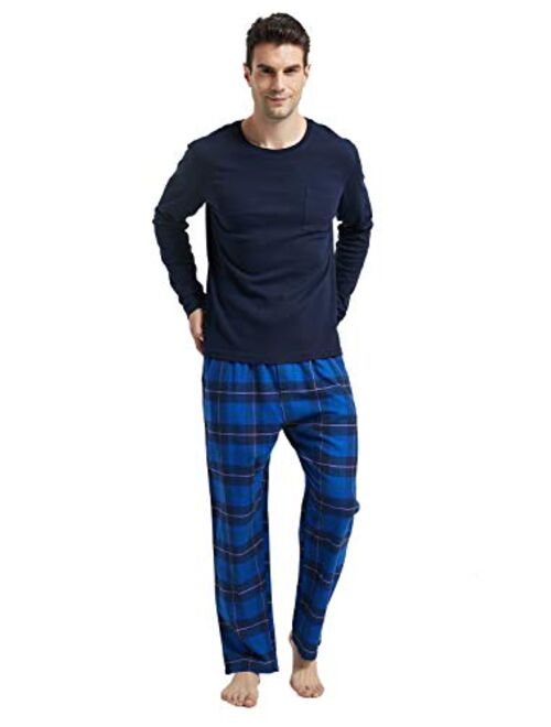 Amaxer Men's 100% Cotton Pajama Set Flannel Plaid Pants Crew Neck Top Long Sleeves Pjs Elastic High Waist Sleepwear