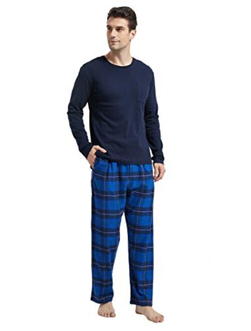 Amaxer Men's 100% Cotton Pajama Set Flannel Plaid Pants Crew Neck Top Long Sleeves Pjs Elastic High Waist Sleepwear