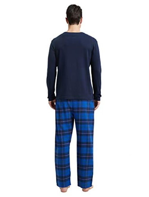 Amaxer Men's 100% Cotton Pajama Set Flannel Plaid Pants Crew Neck Top Long Sleeves Pjs Elastic High Waist Sleepwear