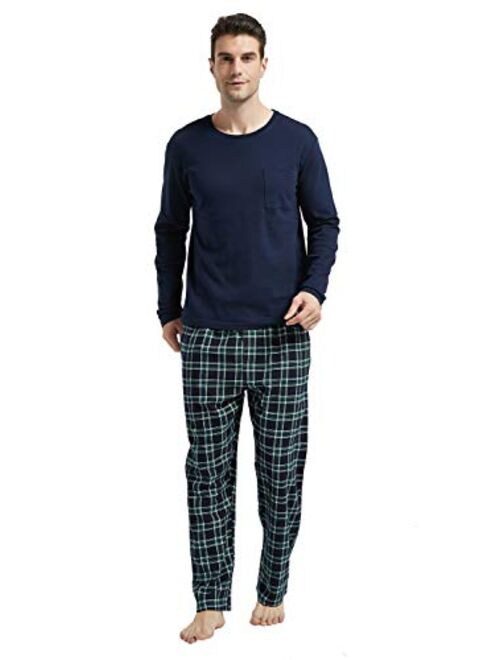 Amaxer Men's 100% Cotton Pajama Set Flannel Plaid Pants Crew Neck Top Long Sleeves Pjs Elastic High Waist Sleepwear