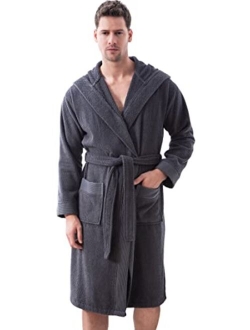 Turkish Cotton Terry Men's Bathrobe - Hooded, Kimono Cotton Terry Cloth Robe - Long Textured, Rice Weave Trim Bathrobe