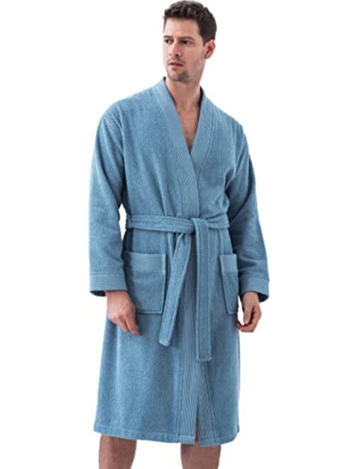 Turkish Cotton Terry Men's Bathrobe - Hooded, Kimono Cotton Terry Cloth Robe - Long Textured, Rice Weave Trim Bathrobe