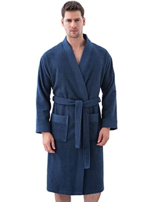 Turkish Cotton Terry Men's Bathrobe - Hooded, Kimono Cotton Terry Cloth Robe - Long Textured, Rice Weave Trim Bathrobe