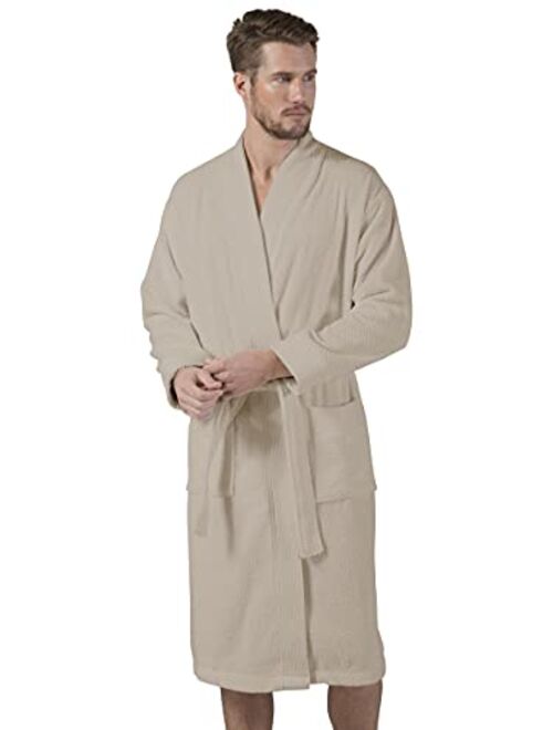 Turkish Cotton Terry Men's Bathrobe - Hooded, Kimono Cotton Terry Cloth Robe - Long Textured, Rice Weave Trim Bathrobe