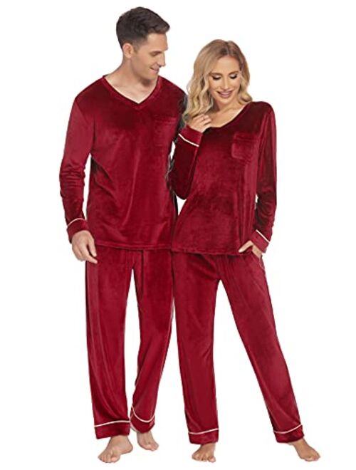 Ekouaer Couples Matching Pajamas Sets Velvet PJs Set for Men and Women Velour Long Sleeve Sleepwear S-XXL