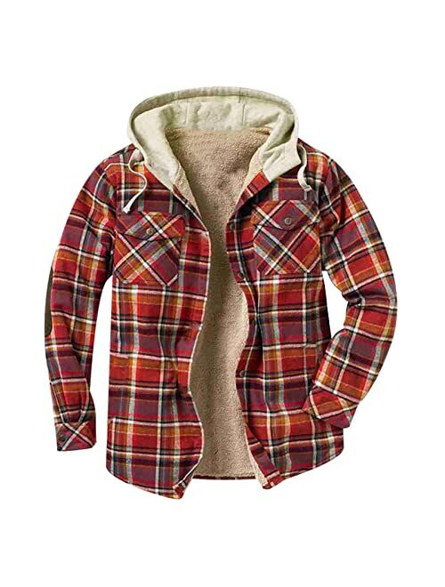 Moxiu Men'S Tops Men's Plaid Hooded Shirts Casual Long Sleeve Hoodie Jacket Flannel Lined Lightweight Plaid Shirt Jackets Coat