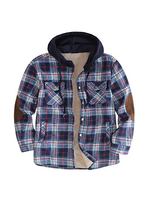 Moxiu Men'S Tops Men's Plaid Hooded Shirts Casual Long Sleeve Hoodie Jacket Flannel Lined Lightweight Plaid Shirt Jackets Coat