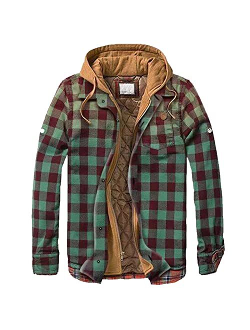 Moxiu Men'S Tops Men's Plaid Hooded Shirts Casual Long Sleeve Hoodie Jacket Flannel Lined Lightweight Plaid Shirt Jackets Coat