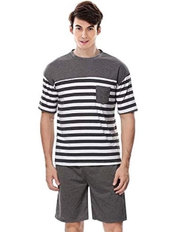 Sunshine Chow Mens Pajama Set Short Sleeve Cotton Loungewear Shorts Sleepwear Striped Pjs Set for Summer