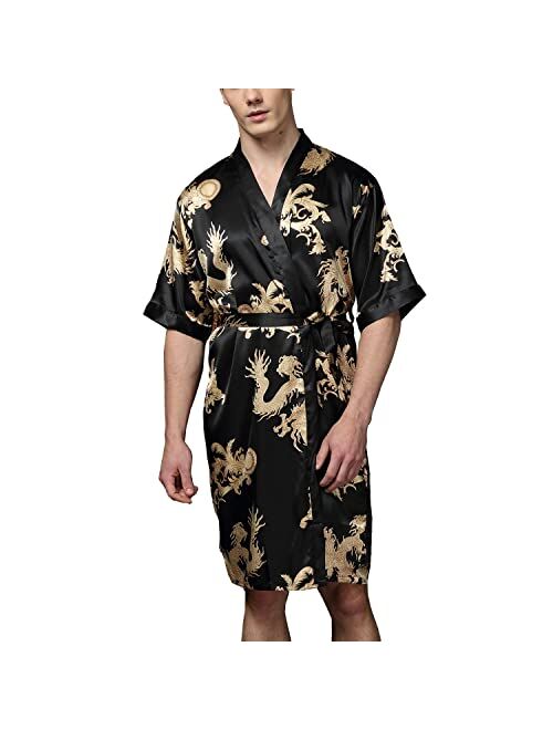 Lu's Chic Men's Satin Kimono Robe Silk Bathrobe Loungewear Spa Long Sleeve Pockets Sleepwear