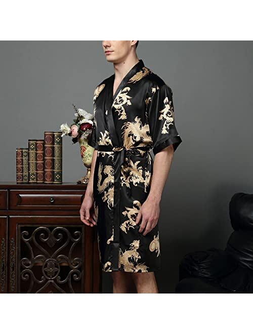 Lu's Chic Men's Satin Kimono Robe Silk Bathrobe Loungewear Spa Long Sleeve Pockets Sleepwear