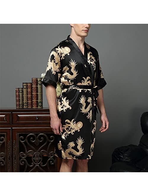 Lu's Chic Men's Satin Kimono Robe Silk Bathrobe Loungewear Spa Long Sleeve Pockets Sleepwear