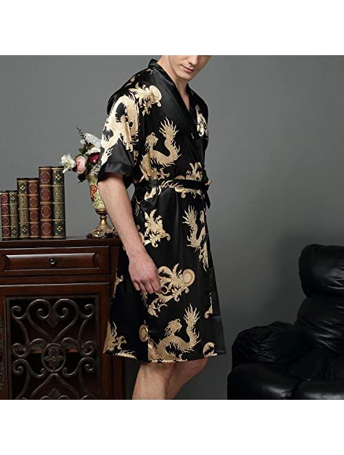 Lu's Chic Men's Satin Kimono Robe Silk Bathrobe Loungewear Spa Long Sleeve Pockets Sleepwear