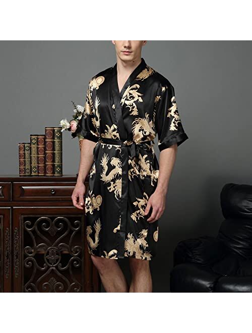 Lu's Chic Men's Satin Kimono Robe Silk Bathrobe Loungewear Spa Long Sleeve Pockets Sleepwear