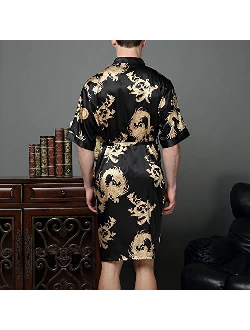 Lu's Chic Men's Satin Kimono Robe Silk Bathrobe Loungewear Spa Long Sleeve Pockets Sleepwear