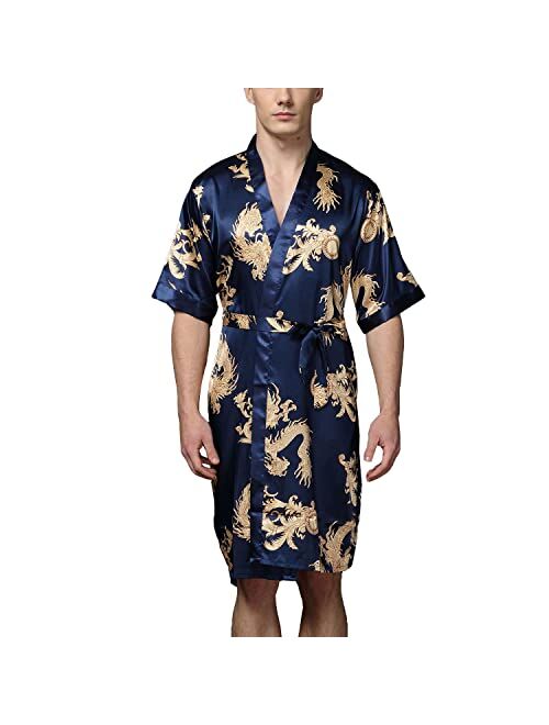 Lu's Chic Men's Satin Kimono Robe Silk Bathrobe Loungewear Spa Long Sleeve Pockets Sleepwear