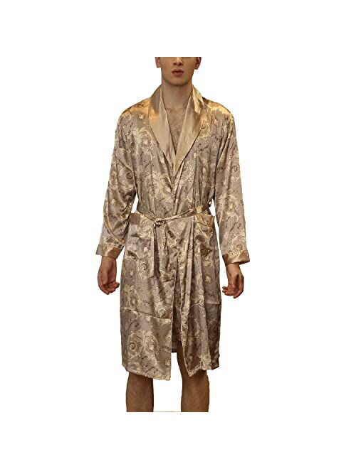 Lu's Chic Men's Satin Kimono Robe Silk Bathrobe Loungewear Spa Long Sleeve Pockets Sleepwear