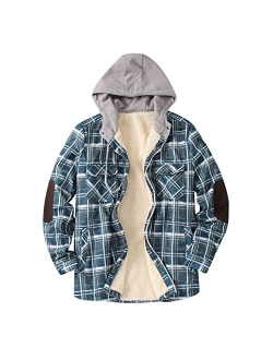 Qvkarw Men's Hooded Quilted Lined Flannel Shirt Jacket Plaid Lapel Pocket Zip Up Winter Warm Fleece Button Up Jackets Coat