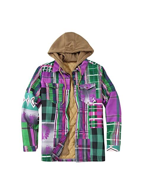 Qvkarw Men's Hooded Quilted Lined Flannel Shirt Jacket Plaid Lapel Pocket Zip Up Winter Warm Fleece Button Up Jackets Coat