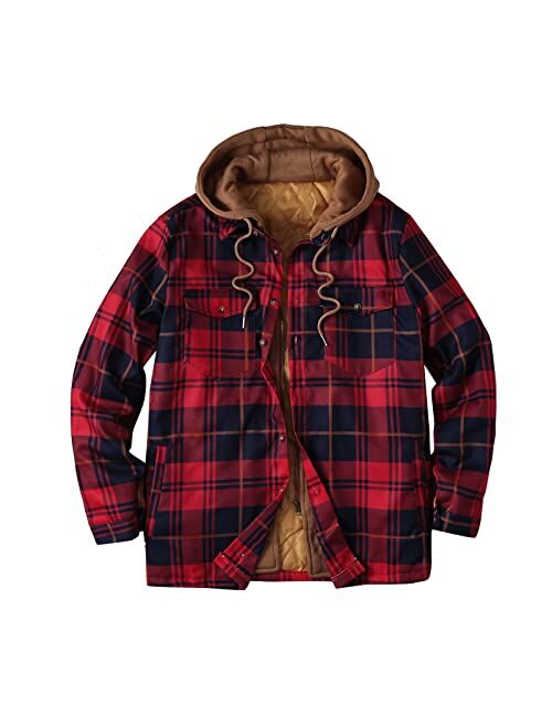 Qvkarw Men's Hooded Quilted Lined Flannel Shirt Jacket Plaid Lapel Pocket Zip Up Winter Warm Fleece Button Up Jackets Coat