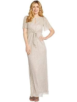 Crinkle Pleat Mermaid MOB Long Gown with Tie Waist Detail