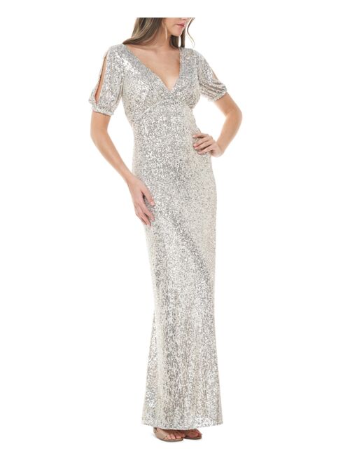 JS Collections Embellished Split-Sleeve Gown