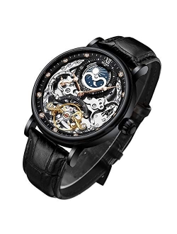 Ik Colouring Bestn Mens Luxury Skeleton Automatic Mechanical Wrist Watches Leather Moon Phrase Luminous Hands Self-Wind Watch