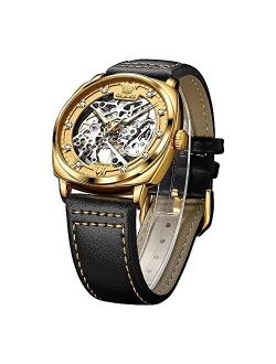 Automatic Men Watch Skeleton Self Winding Mechanics Luxury Stylish Leather Strap Steampunk Style Luminous Water Proof Wrist Watch