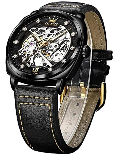 OLEVS Automatic Men Watch Skeleton Self Winding Mechanics Luxury Stylish Leather Strap Steampunk Style Luminous Water Proof Wrist Watch